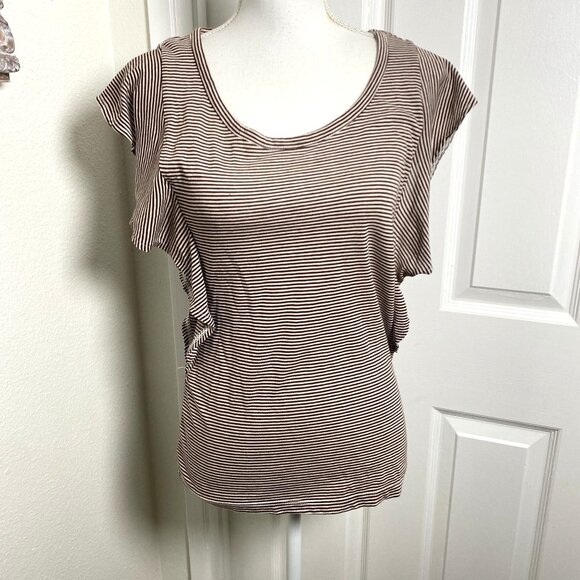 Vintage Mossimo Brown Stripe Scoop Neck Tee Sleeve Ruffles Size Small Preowned - Picture 5 of 7